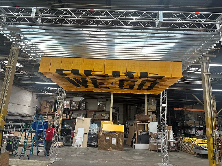 The Three.js scene showing the back of the Terrible Towel installation.