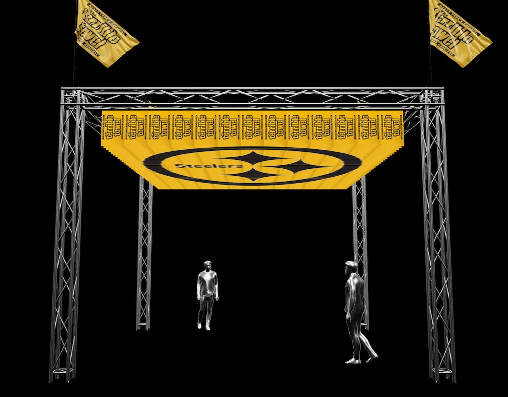 The Three.js scene showing the front of the Terrible Towel installation.